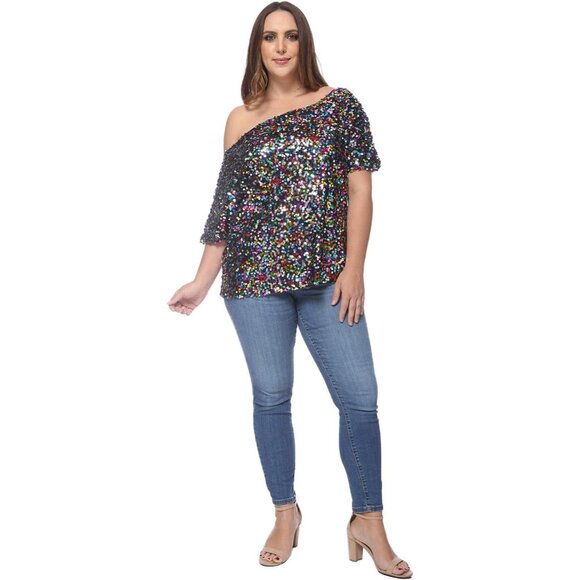 Plus Size Sequin One Shoulder Short Sleeve Party Top Relaxed Fit - Picture 5 of 6